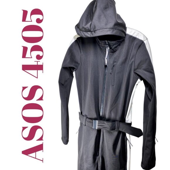 NWT ASOS 4505 MEN’S BLACK SKI SUIT BELTED HOOD WHITE RACING STRIPE MONOCHROME, S - Picture 7 of 16